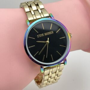 Steve Madden Women's Watch Rainbow Rim Gold Tone Metal Band Water Resistant 7"